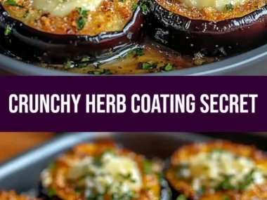 Crunchy garlic herb crusted eggplant slices on a plate