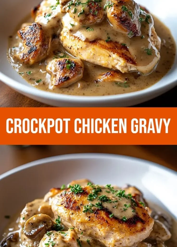Delicious crockpot chicken and gravy served with mashed potatoes