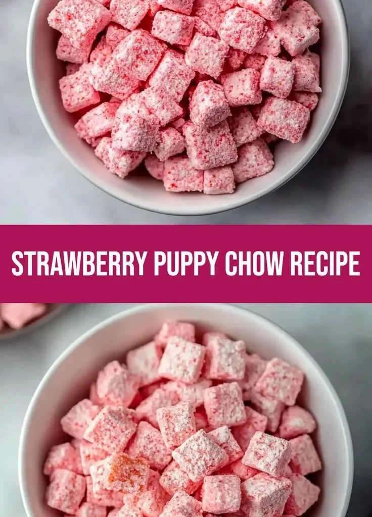 Easy strawberry shortcake puppy chow treats with strawberries and toppings