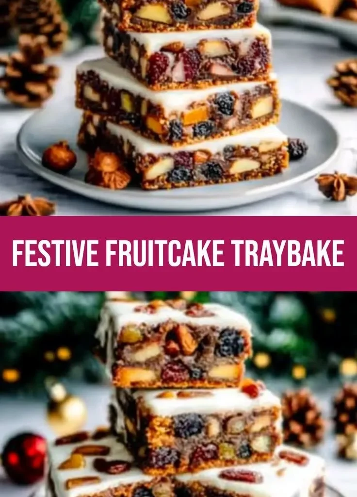 Festive Christmas fruitcake traybake on a decorative platter ready to share.