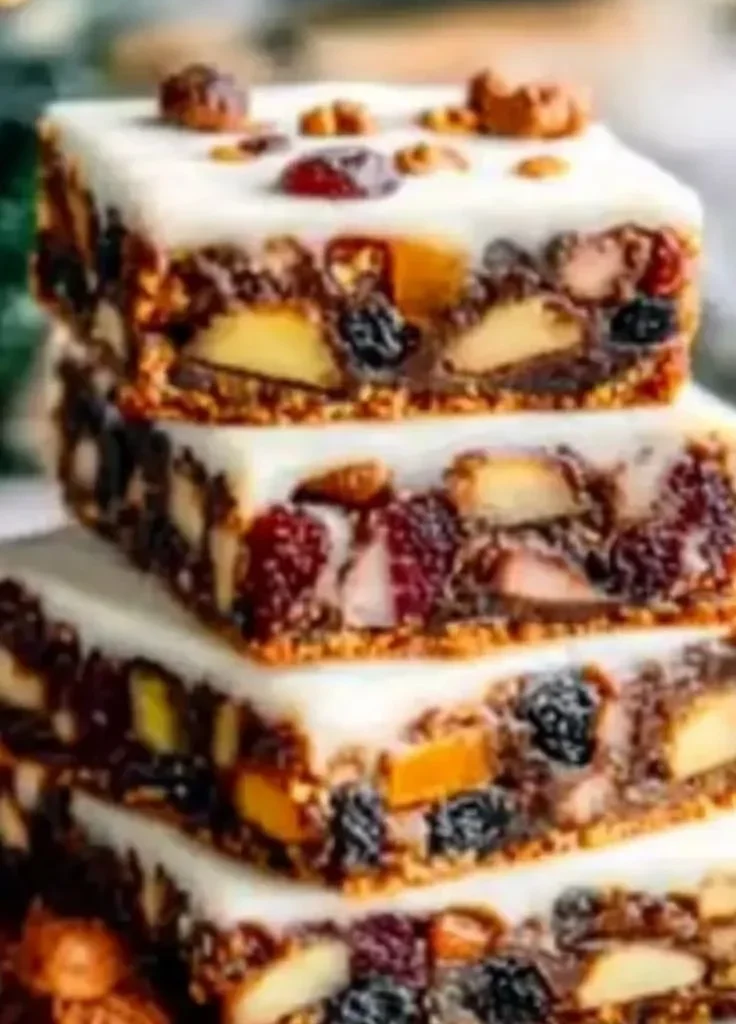 Festive Christmas fruitcake traybake ready to share during the holiday season.