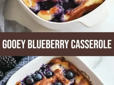 Overnight blueberry French toast casserole topped with fresh blueberries and syrup