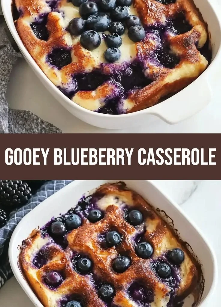 Overnight blueberry French toast casserole topped with fresh blueberries and syrup