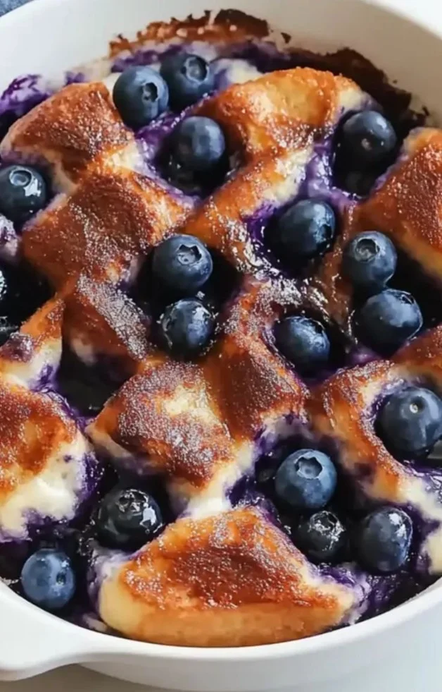 Overnight blueberry French toast casserole topped with fresh blueberries and syrup