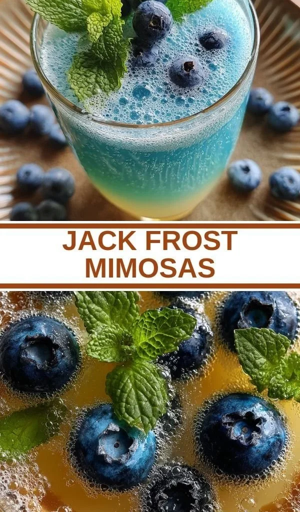 A refreshing glass of Jack Frost Mimosas garnished with fruit, ideal for winter celebrations.