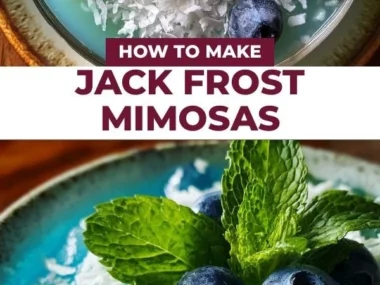 Festive Jack Frost Mimosas garnished with fresh cranberries and mint in glasses