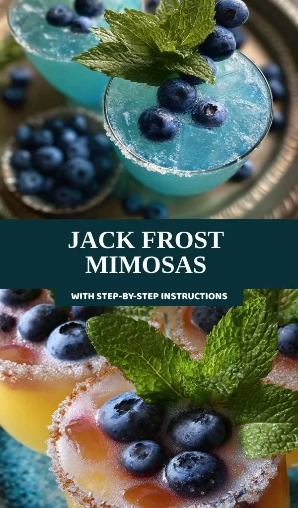 A refreshing Jack Frost Mimosa cocktail served in a glass with winter-themed decorations.