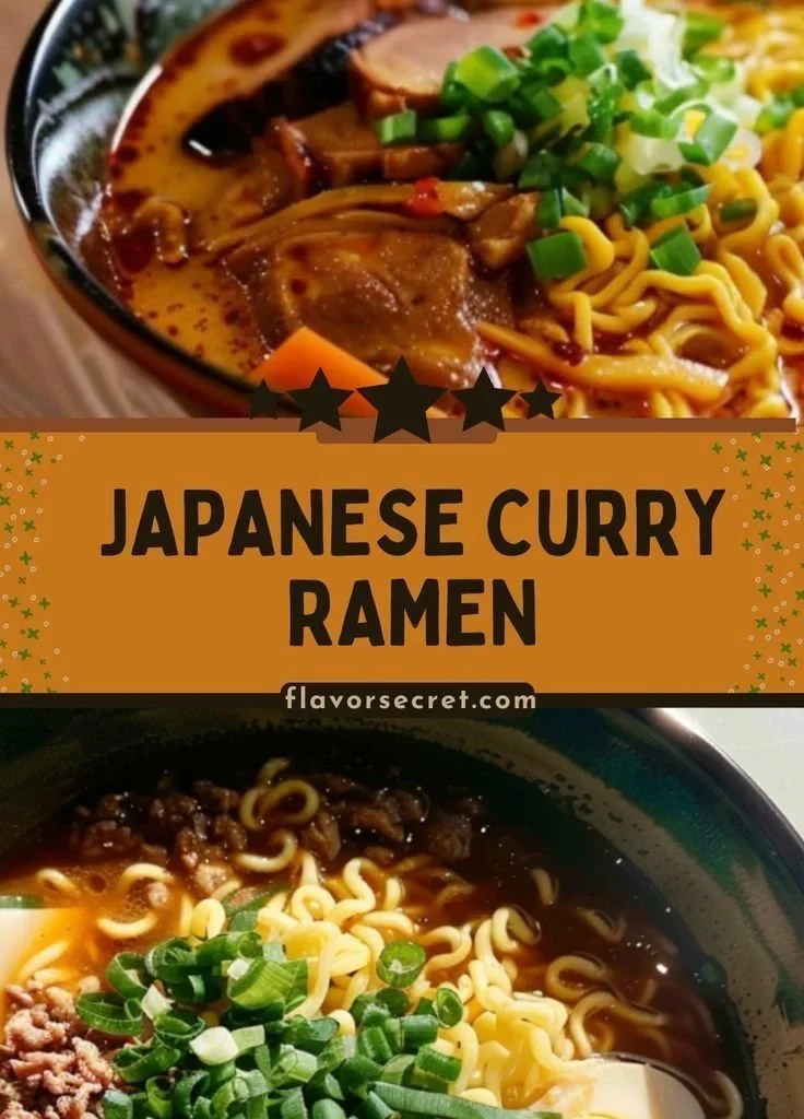 Bowl of Japanese Curry Ramen topped with vegetables and herbs