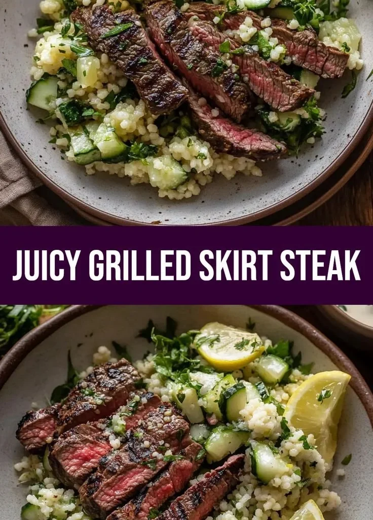 Juicy grilled skirt steak served with zesty lemon herb couscous.