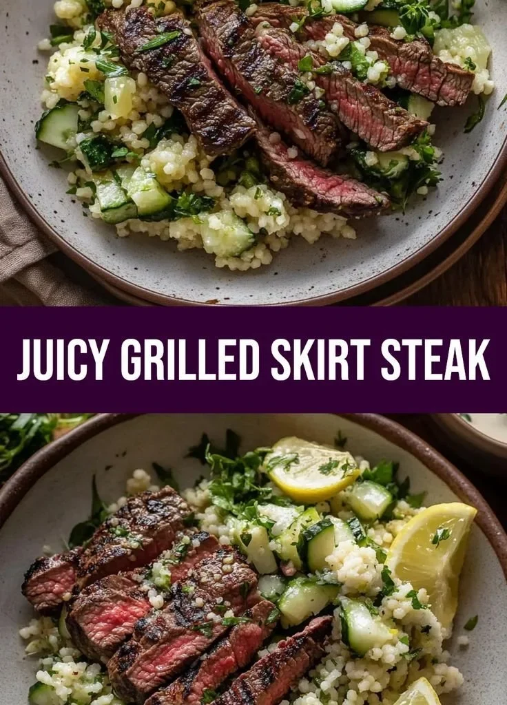 Juicy grilled skirt steak served with lemon herb couscous on a plate