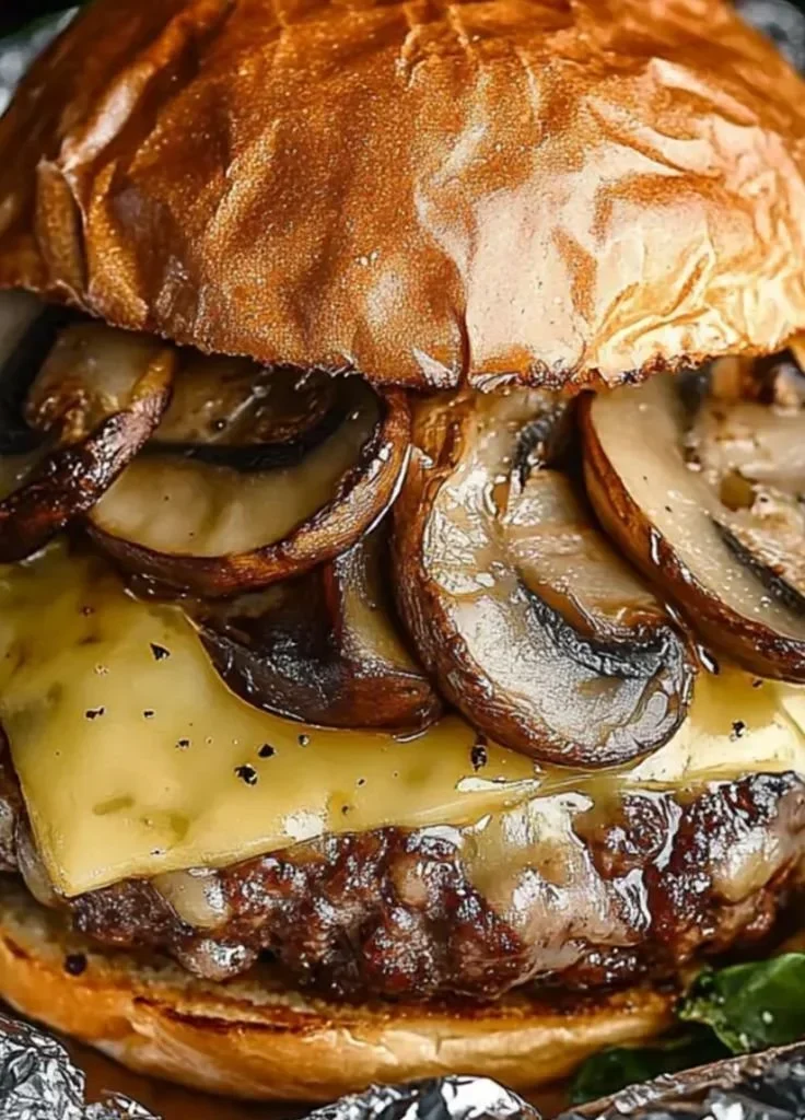 Juicy Mushroom Swiss Burger foil packets cooking on a grill.