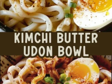 Bowl of Kimchi Butter Udon with soft boiled egg and garnish