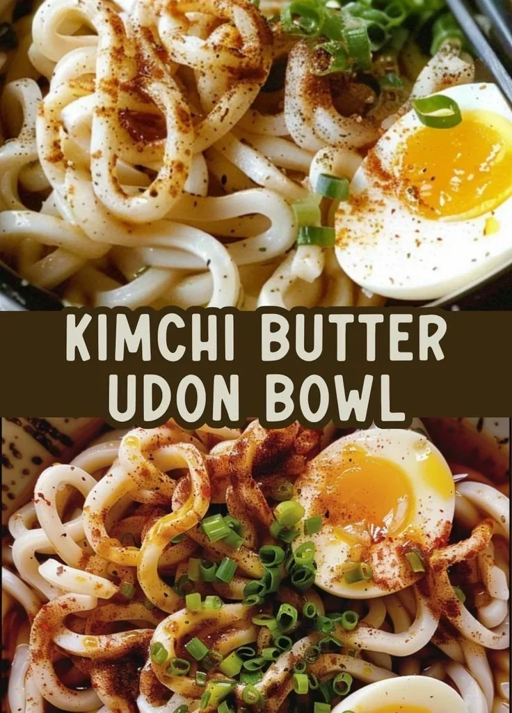 Bowl of Kimchi Butter Udon with soft boiled egg and garnish