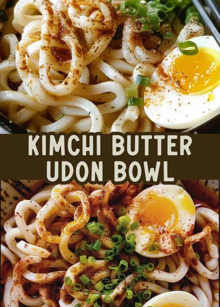 Delicious Kimchi Butter Udon with a soft boiled egg on top