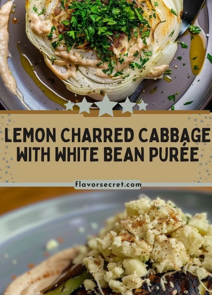 Plate of Lemon Charred Cabbage served with creamy white bean purée