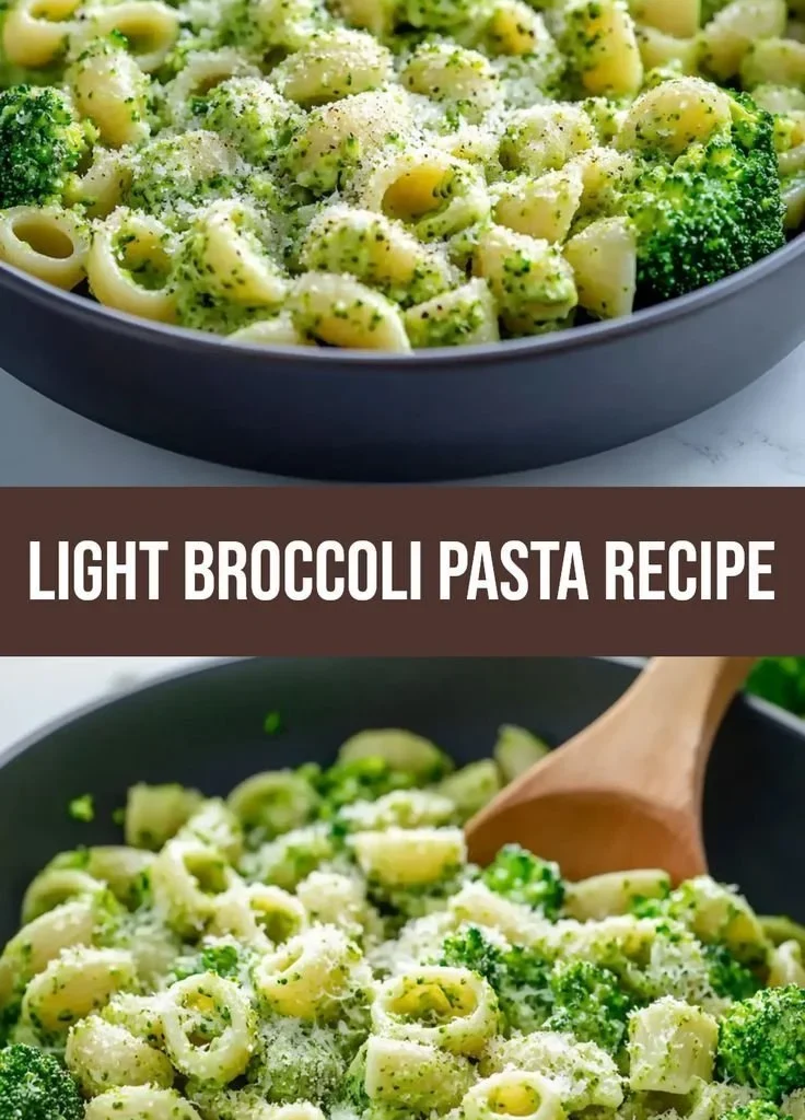 Bowl of light and healthy broccoli pasta with fresh ingredients and vibrant colors.