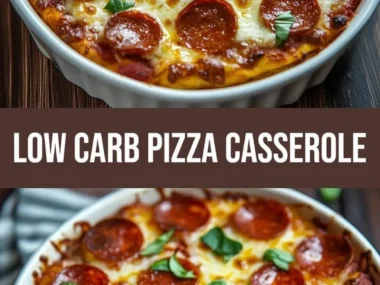 Delicious low carb pizza casserole topped with cheese and pepperoni