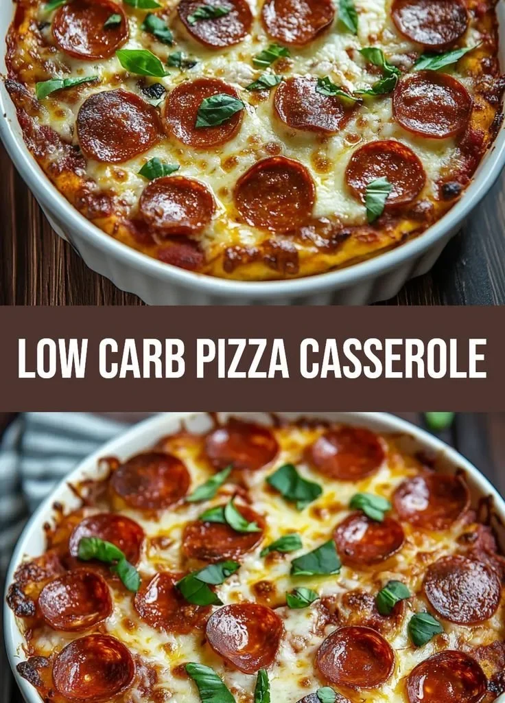Delicious low carb pizza casserole topped with cheese and pepperoni