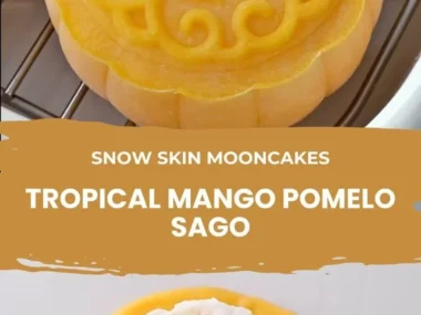 Mango Pomelo Sago Snow Skin Mooncakes beautifully presented on a table