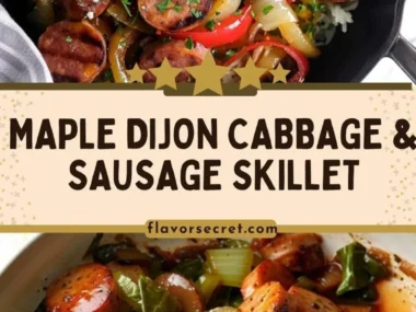 Delicious maple Dijon cabbage sausage skillet served in a pan.