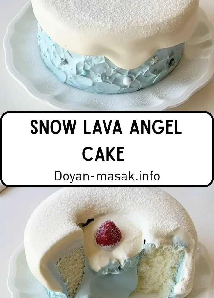 A beautifully decorated Lava Angel Cake for Christmas celebrations with first snow.