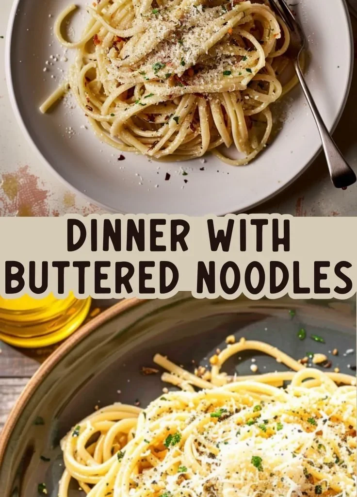 A bowl of midnight buttered noodles garnished with fresh herbs