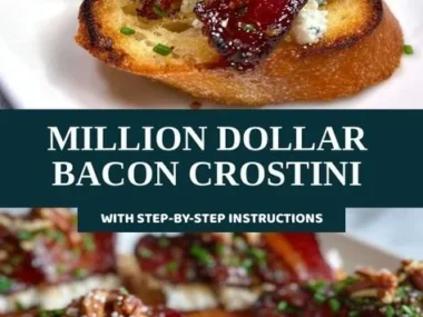 Delicious Million Dollar Bacon Crostini appetizer served on a rustic wooden board