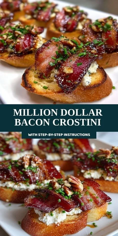 Delicious Million Dollar Bacon Crostini appetizer served on a rustic wooden board