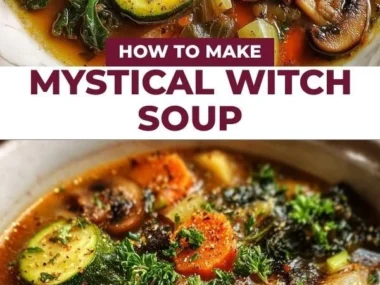 Bowl of Mystical Witch Soup with herbs and spices, evoking magic and mystery.