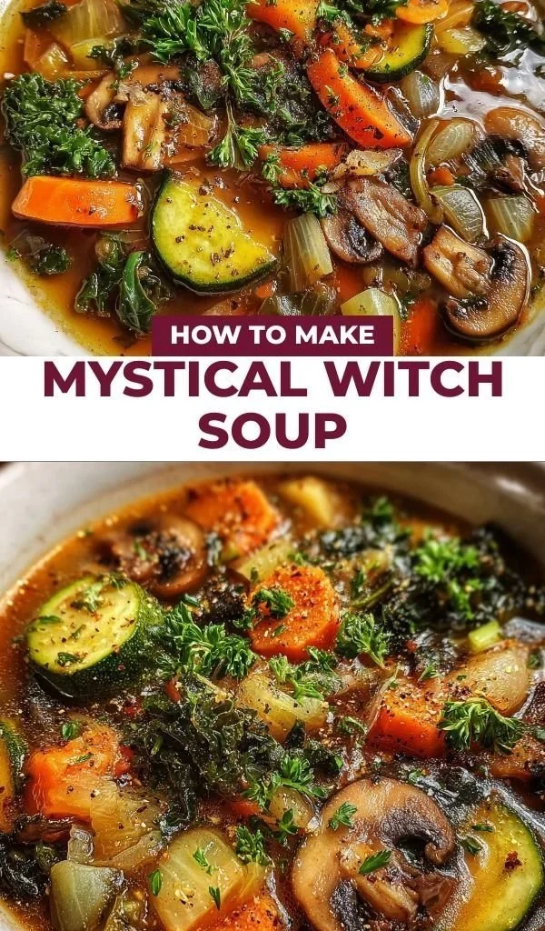 Bowl of Mystical Witch Soup with herbs and spices, evoking magic and mystery.