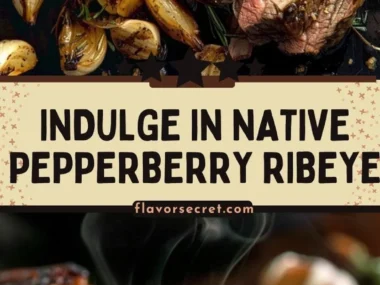 Native Pepperberry Rubbed Ribeye steak garnished with fresh herbs