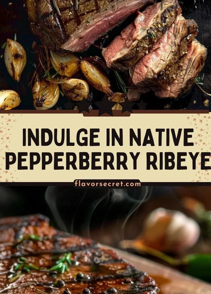 Native Pepperberry Rubbed Ribeye steak garnished with fresh herbs