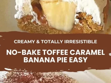 No-Bake Toffee Caramel Banana Pie with banana slices and caramel drizzle