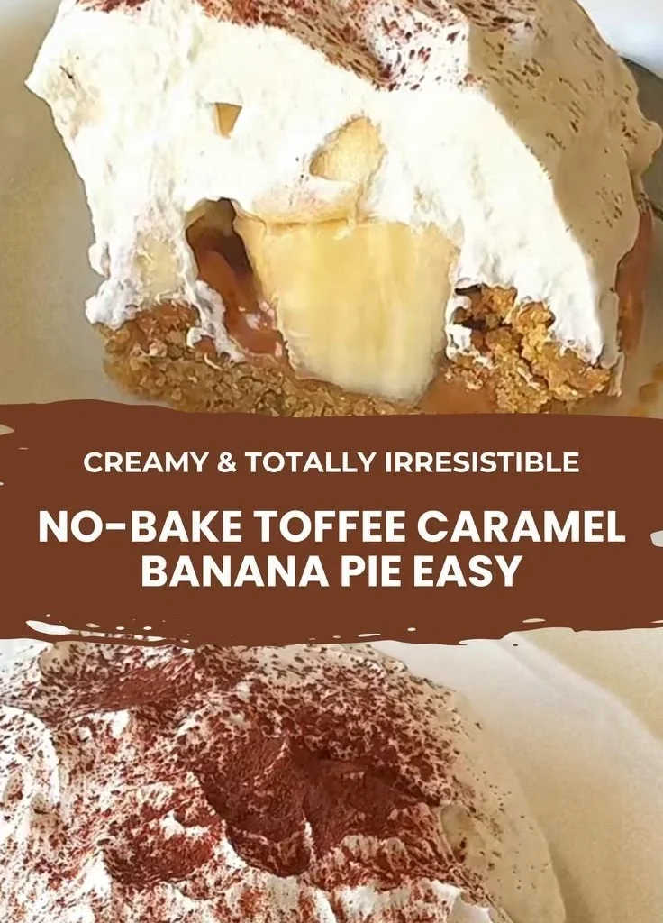 No-Bake Toffee Caramel Banana Pie with banana slices and caramel drizzle