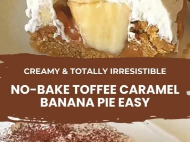 No-Bake Toffee Caramel Banana Pie with bananas and caramel drizzle