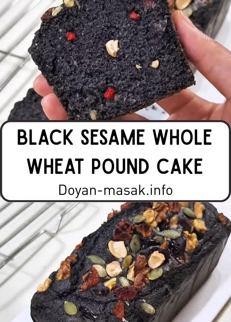 Delicious black sesame whole wheat pound cake on a serving plate