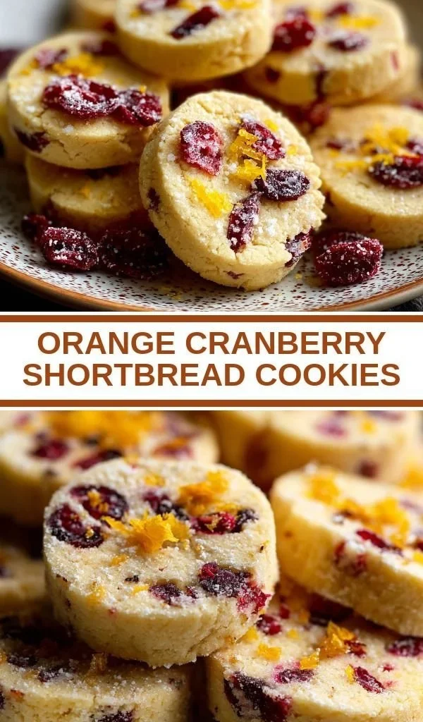 Plate of freshly baked Orange Cranberry Shortbread Cookies decorated with orange zest.