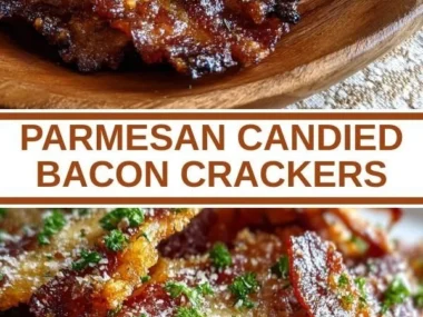 Plate of Parmesan Bacon Crackers topped with candied bacon and cheese