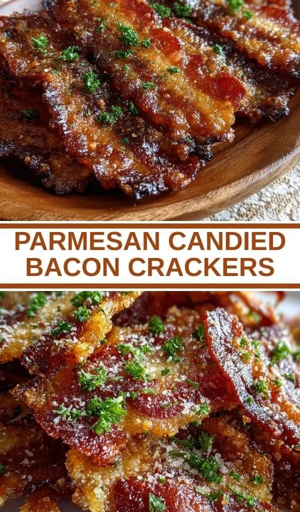 Plate of Parmesan Bacon Crackers topped with candied bacon and cheese