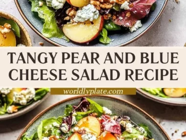 Fresh Pear and Blue Cheese Salad drizzled with Shallot Vinaigrette