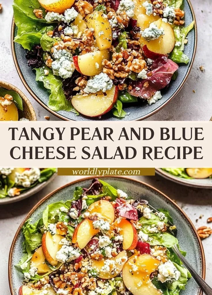 Fresh Pear and Blue Cheese Salad drizzled with Shallot Vinaigrette