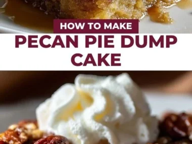 Delicious pecan pie dump cake served in a slice with nuts and caramel topping