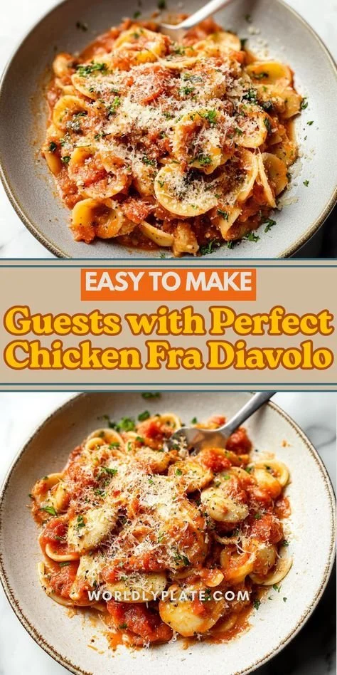 A delicious plate of Chicken Fra Diavolo garnished with herbs and served with pasta.