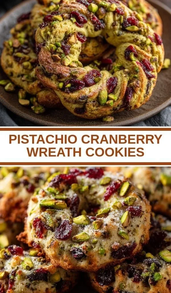Pistachio Cranberry Wreath Cookies decorated with festive toppings