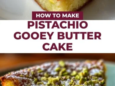 A slice of moist Pistachio Gooey Butter Cake topped with green pistachio nuts.