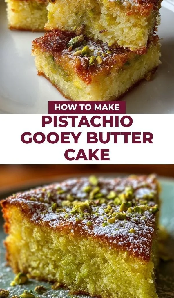 A slice of moist Pistachio Gooey Butter Cake topped with green pistachio nuts.