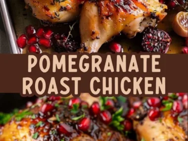 Pomegranate Sumac Roast Chicken Pieces garnished with fresh herbs and pomegranate seeds