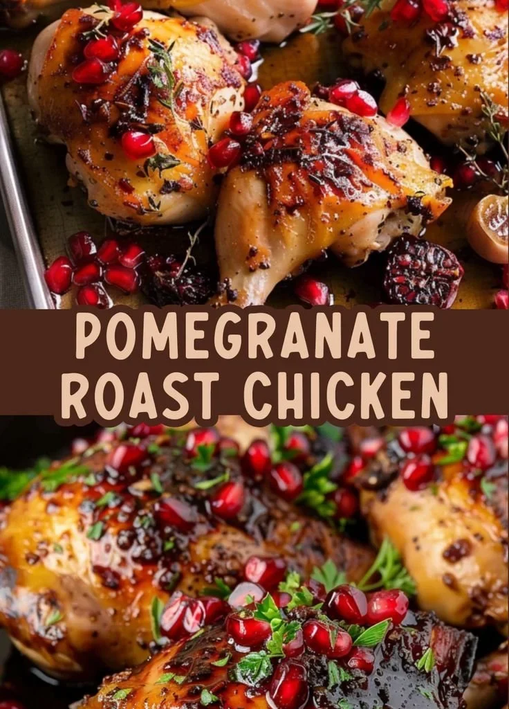 Pomegranate Sumac Roast Chicken Pieces garnished with fresh herbs and pomegranate seeds