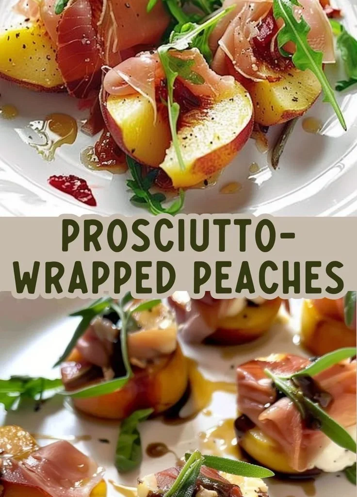 Prosciutto-wrapped peaches displayed on a stylish platter