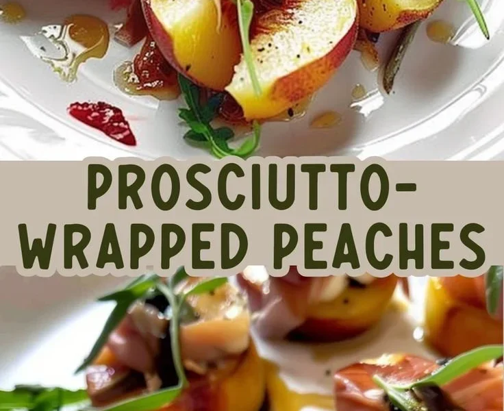Prosciutto-wrapped peaches displayed on a stylish platter